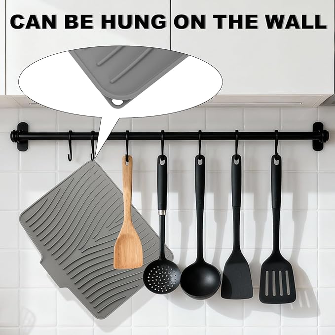 Silicone Dish Drying Mat for Kitchen Counter Dish Drying Pad Non-Slip Drain Pad with Built-in Drain Food-Grade Odorless Easy-Clean Drying Mat (Black 19.69 x 17)