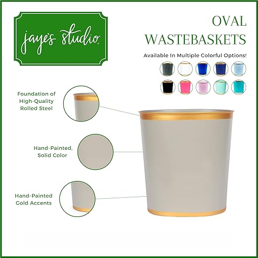 Jaye's Studio Mattie Oval Waste Basket for Bathroom Decorative Gold Trim &amp Finish Hand-Painted Handcrafted Metal Wastebasket Garbage Bin &amp Trash Bin for Bedroom Office 12 x 10 x 8 (Ta