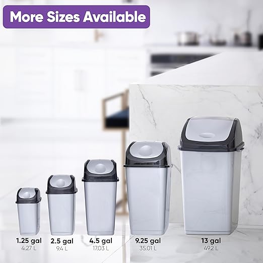 Superio Small 2.5 Gallon Plastic Trash Can with Swing Top Lid Compact Slim Waste Bin for Under Desk Office Bedroom Bathroom Dorm Room 10 Qt. Portable Garbage Can (SmokeWhite/Grey 2 Pack)