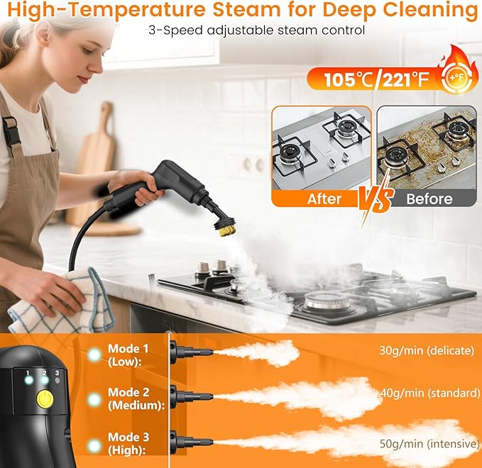 Pressurized Steam Cleaner 3-Level Adjustable Handheld Steamer Cleaning for Home 15s Fast Heat-Up &amp 47.3oz Tank 2500W Multi-Surface Portable Steamer for Floor/Grout/Car/Kitchen &amp Bathroom