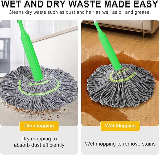 Spin Mop with Self-Wringing System 360° Swivel Stainless Steel Handle &amp Ultra-Absorbent Bamboo Fiber Mop Head No Wash Lazy Mops Wet and Dry - Lightweight &amp Compact (2 mops)