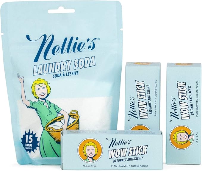Nellie’s WOW Stick Stain Remover Bundle – Includes 3 Stain Remover Sticks and 15-Load Laundry Soda – Removes Odors and Stains from Clothing – Low-Residue Powder Detergent for Standard and HE Machines