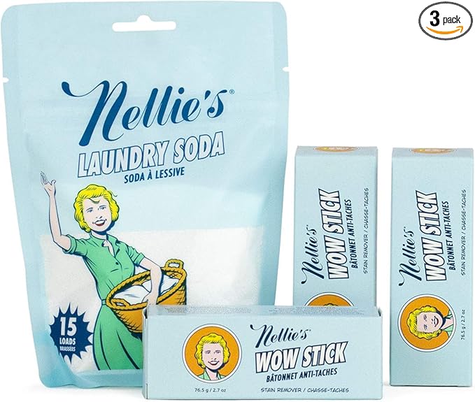 Nellie’s WOW Stick Stain Remover Bundle – Includes 3 Stain Remover Sticks and 15-Load Laundry Soda – Removes Odors and Stains from Clothing – Low-Residue Powder Detergent for Standard and HE Machines