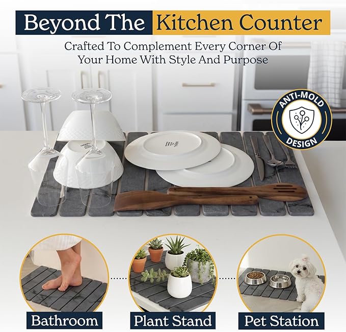 Oleex 3-Pack Stone Dish Drying Mat Set Includes 1 Large 24”x16” &amp 2 Small 4”x9” for Kitchen Counter-Collapsible Diatomaceous Earth Pad Absorbs Water &amp Dries Dishes Fast Non-slip Odor-Resista
