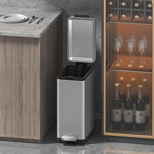 Mbillion Bathroom Trash Can with Lid Slim Stainless Steel Small Bathroom Garbage Can 10 Liter 2.6 Gallon Soft Close Step Pedal Slim Wastebasket for Toilet Office Bedroom Brushed Silver