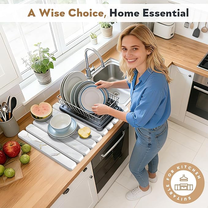 Diatomaceous Earth Dish Drying Mat Foldable Quick Dry Stone Drying Mats for Kitchen Counter Countertop Water Absorbent Stone Bath Mat for Bathroom with Towels Non Slip Pad 24×16