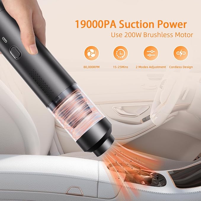 Car Vacuum Portable Cordless 19000Pa Powerful Suction 4-in-1 Mini Vacuum Cleaner Rechargeable Type-C Wireless Handheld Vacuum for Car Office Desk &amp Home