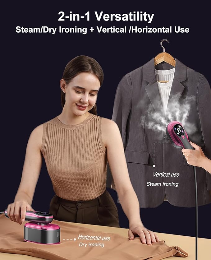 2-in-1 Steamer &amp Iron for Clothes Portable Handheld Garment Steamer with LED Display Large Ceramic Panel Travel Clothes Steamer Iron 10s Fast Heat-Up All-Fabric Remove Wrinkle (Purple)
