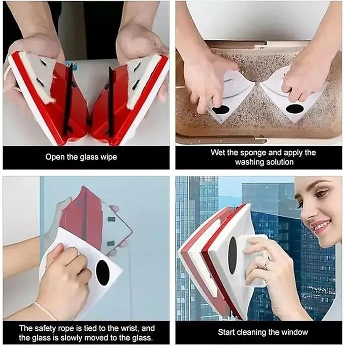 Magnetic Double-Sided Window Cleaner Brush – Adjustable Glass Wiper for Home Windows – Household Cleaning Tool for Both Sides(Red p3-8mm)