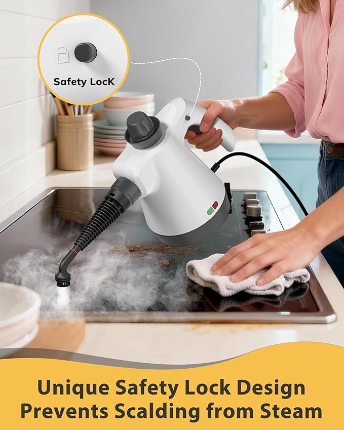 Steam Cleaner - Handheld Steam Cleaner with 12Pcs Accessories &amp Safety Lock Pressurized Handheld Steam Cleaner for Home Tile Windows Bathrooms Kitchens Grease Car (Grey)