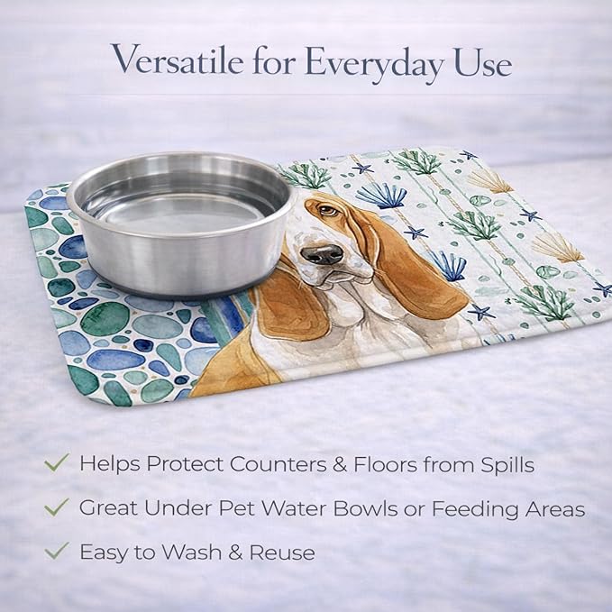 Caroline's Treasures Lemon and White Basset Hound Coastal Sea Glass Dish Drying Mat Absorbent Dish Drying Mat Pad for Kitchen Counter Dish Drainer Mat for Countertop 14 x 21 Multicolor