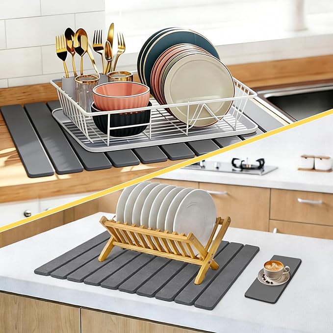 2 Pcs Large Stone Dish Drying Mat For Kitchen Counter 24×16 Collapsible Quick Stone Dry Dish Mat Absorbent Diatomaceous Earth Mats For Bottles Cups Match Any Countertop (Dark Gray 2 24 x 16)