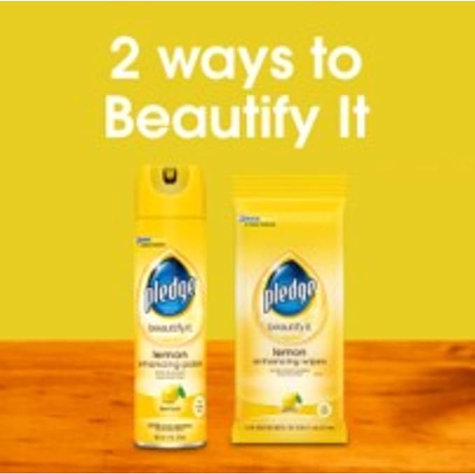Pledge Multi-Surface Cleaner Spray and Wipes Bundle Works on Leather Granite Wood Lemon Scent (2 Count of 9.7 oz Cans and 2 Pack of 24 Wipes)