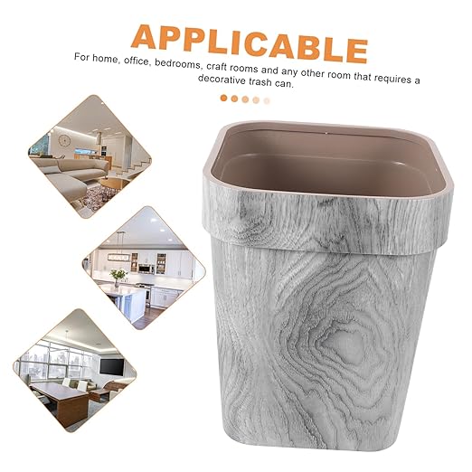 Retro Wood Grain Trash Can PP Construction Wastebasket for Bedroom Kitchen Living Thickened Square Large Garbage Bin with Smooth Surface Decorative and Practical Home Office Hotel