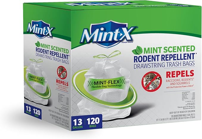 Mint -X Rodent Repellent Indoor Tall Kitchen Drawstring Trash Bags with Mint-Flex Technology 13 Gallon 120 Count White