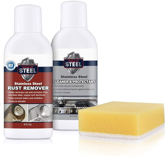 CLEAN MY STEEL – Stainless Steel Rust Stain Remover Kit with Protector – Fast Acting for Commercial Equipment Rust Cleaner for Appliances Grills &amp More – Food-Safe Stainless Steel Cleaner (4 oz)