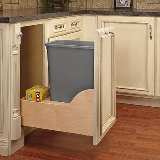 Rev-A-Shelf Pullout Trash Can for Kitchen Cabinet Single 50 Qt Bin with 12 Wood Frame - Large Garbage Bin Container for Home Waste Storage and Recycling