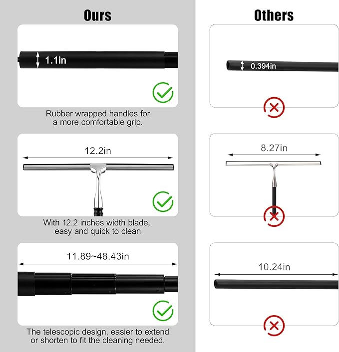 2 in 1 Window Squeegee Shower Squeegee Window Cleaning Kit with Extension Pole Long Handle Squeegee for Shower Glass Floor Bathroom Home Outdoor 12 inch Wide Black