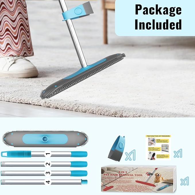 Carpet Rake for Pet Hair Removal Tool 2 in 1 Carpet Scraper with 59 Adjustable Handle Silicone Rug Rake for Dog &amp Cat Fur Hair Pet Hair Remover for Rugs Mats Couch Furniture Floor