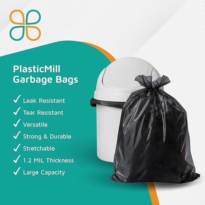 PlasticMill Heavy Duty Trash Bags - Black Garbage Bags - Plastic Trash Bags - Kitchen Bathroom Office Garbage Bags Trash Can Liners - 7-10 Gallon Small Trash Bags 1.2 Mil 24x23 (250-Count)