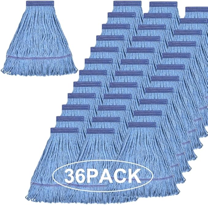 Matthew Cleaning Heavy Duty Mop Head Commercial Grade Replacement for General and Floor Cleaning Wet Industrial Blue Cotton Looped End String Head Refills (Case of 36) Blue