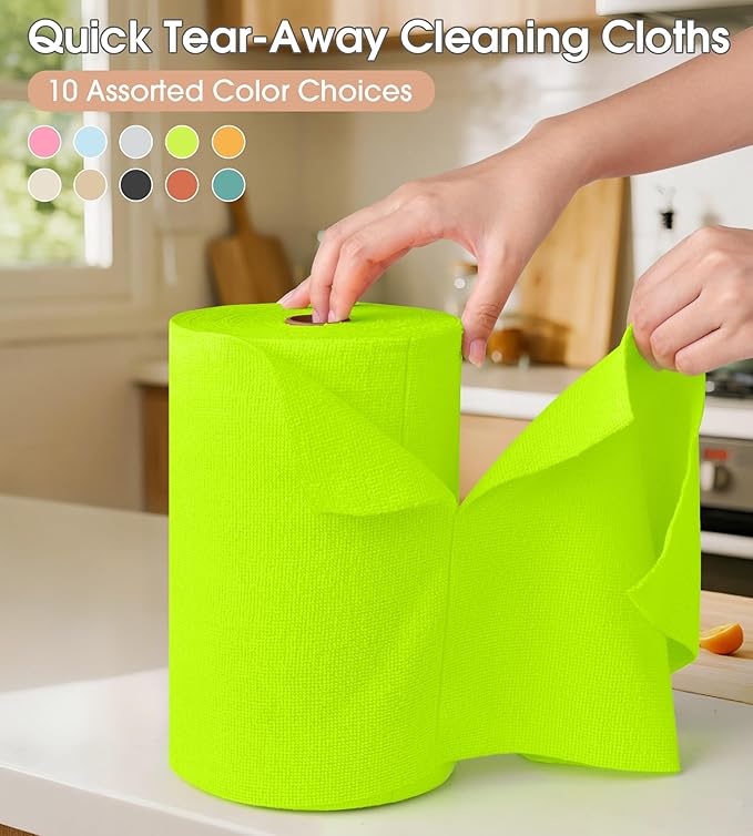 KitchLife Microfiber Cleaning Cloth Roll 100 Pack - Tear-Away Microfiber Paper Towels Lint-Free Reusable Washable for Kitchen Car Dishes and Sensitive Surfaces (Neon Green)