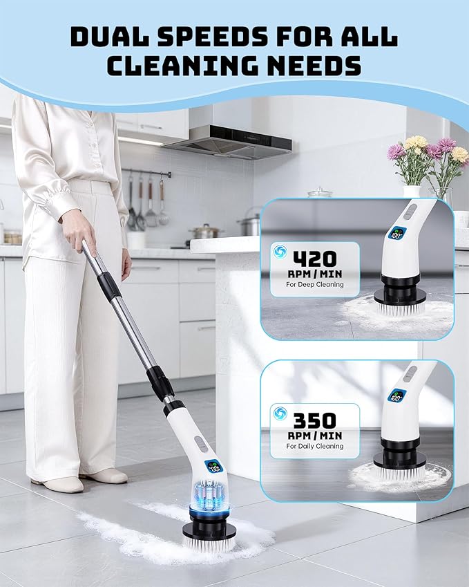 Electric Spin Scrubber IPX7 Shower Scrubber 7 Replaceable Brush Heads-90Mins Work Time 2-Speed Adjustable Bathroom Scrubber 3-Height Adjustable Handle Cordless Tub Scrubber for Bathtub Kitchen Glass