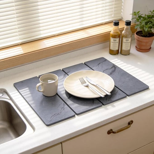 2 PCS Large Stone Dish Drying Mat for Kitchen Counter Diatomaceous Earth Quick Dry Foldable Dish Drying Pad with Anti Slip Mesh Mats(16x24in 4x8in grey)