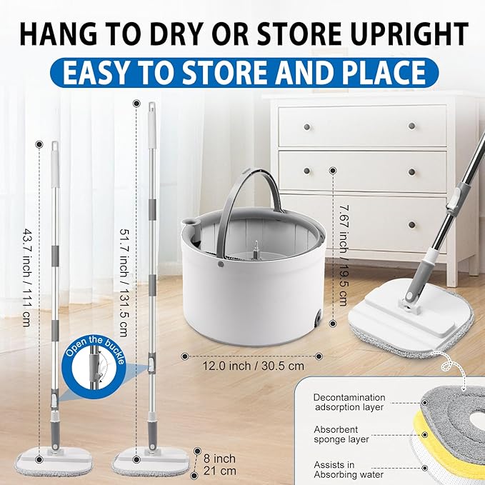 Spin Mop and Bucket with Wringer Set 360° Spinning Mop Bucket with Separate Dirty and Clean Water System with 3 Microfiber Mop Pads and 52 Stainless Steel Adjustable Handle for Floor Wall Cleaning