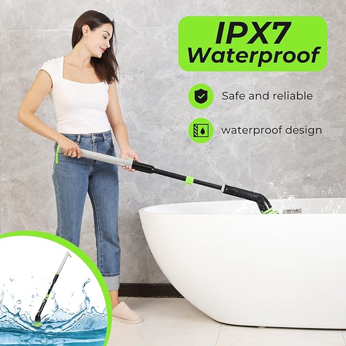 EasyScrub Cordless Electric Spin Scrubber - Powerful 350 RPM Cleaning with 4 Replaceable Heads Adjustable Extension Handle IPX7 Waterproof Ideal for Shower Tiles Tubs and Grout