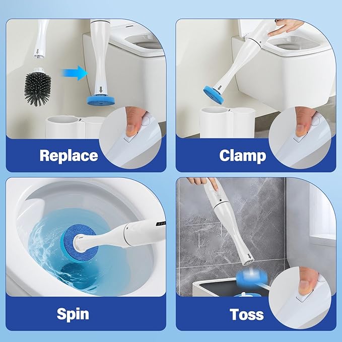Electric Toilet Brush Scrubber and Holder SetElectric Toilet Bowl Cleaning Kit with 8 Disposable Refill HeadsHard Nylon Brush and Soft Silicone Brush