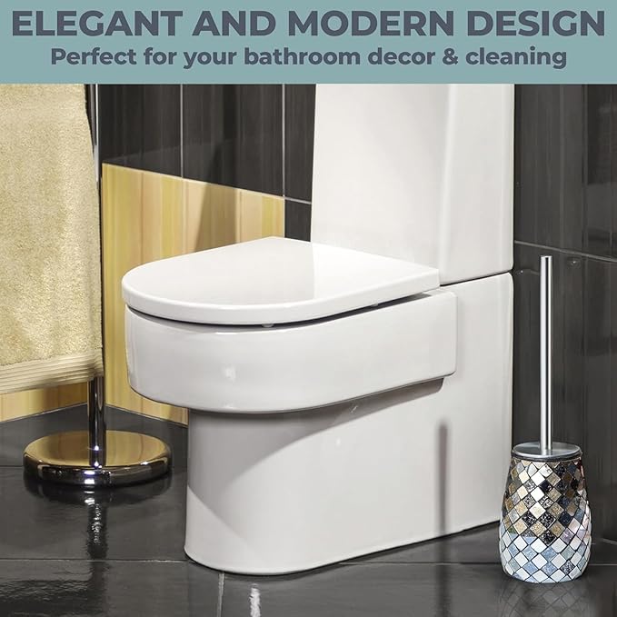 Escenzy Modern Toilet Brush and Holder Set Mosaic Glass | Non-Rustic Stainless Steel | Practical &amp Decorative Toilet Bowl Brush and Holder | Luxury Black and Gold Bathroom Accessories