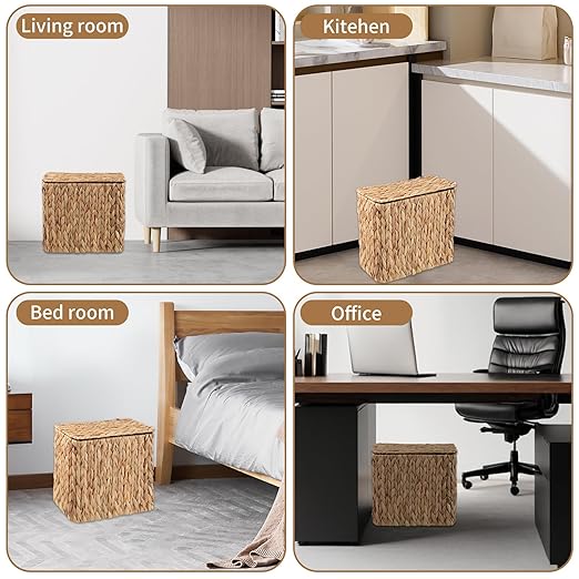 Wicker Trash Can with Lid and Liner Bathroom Trash Can with Lid Natural Water Hyacinth Wicker Waste Basket Boho Rattan Garbage Wastebasket for Bedroom Living Room Office Kitchen