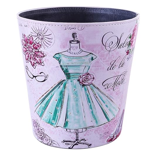 10L/2.64 Gallon Trash Can Decorative Waste Basket PU Leather Waste Paper Basket Waterproof Garbage Can for Bathroom Bedroom Office Kitchen and Living Room - Green Dress