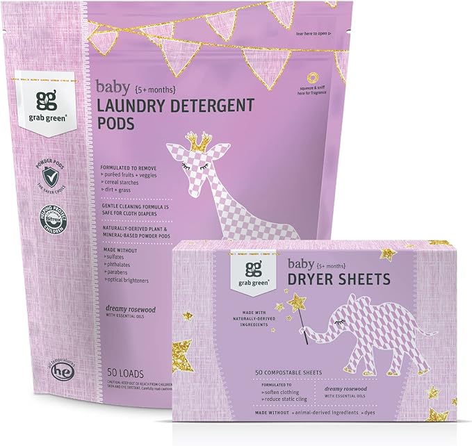 Grab Green Baby Laundry Detergent Pods and Dryer Sheets Bundle 50 Count Pods and 80 Dryer Sheets Dreamy Rosewood Scent Plant and Mineral Based Laundry Care Set