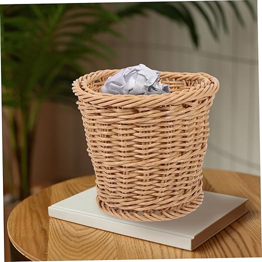 Happyyami Woven Trash Can for Bathroom Round Rattan Waste Basket Ample Storage Stylish Home Office Container Versatile Sundries Bin for Kitchen and Laundry
