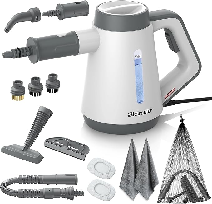 Bielmeier Handheld Pressurized Steam Cleaner - 15s Quick Start Multi-Functional for Home Kitchen Bathroom 8 Attachments Chemical-Free Safe &amp Efficient Cleaning Solution
