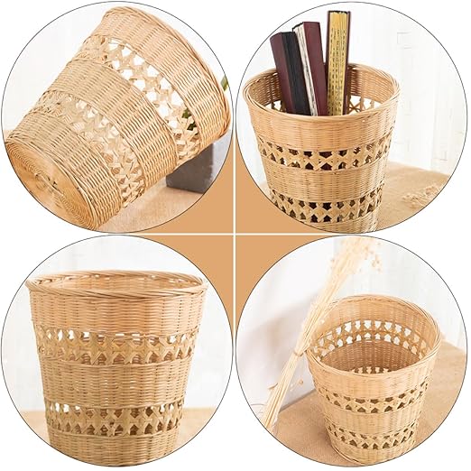 Woven Wastebasket Natural Trash Can Rustic Rattan Paper Basket Home Storage Sundries Organizer for Bathroom and Living Room