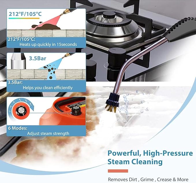 2500 Watt High Pressure Cleaner Handheld Steam Cleaner with 3 Brushes High Capacity Portable Steamer for Kitchens Sofas Air Conditioners Bathrooms Cars