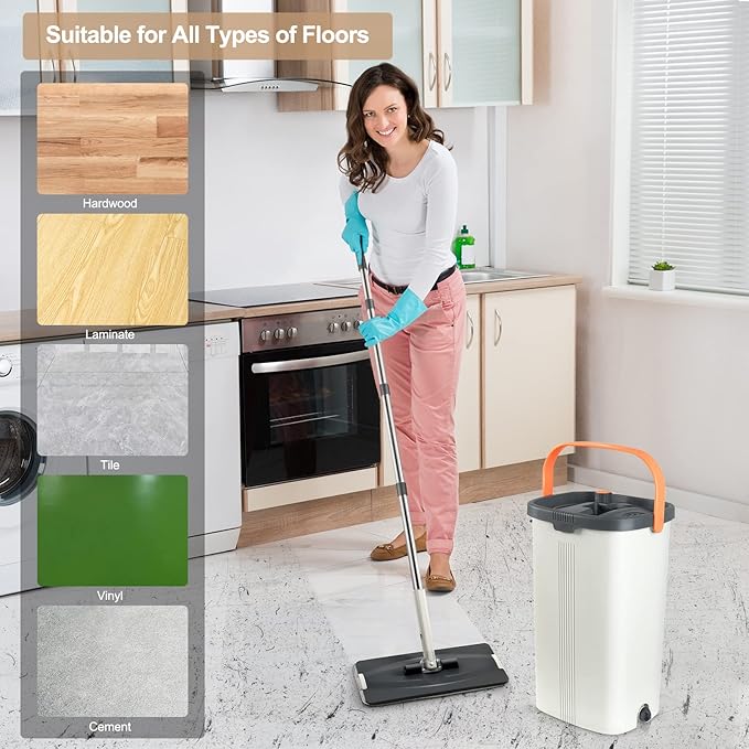 Jelymark Flat Mop and Bucket with Wringer Set Separates Dirty and Clean Water 3-Chamber Mop Wet and Dry Use Not-Hands Squeeze Mops for Floor Cleaning 4 Reusable Microfiber Mop Pads Included
