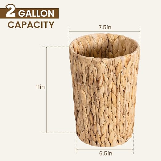 Fantasyon Wicker Trash Can Wicker Waste Basket Small Bathroom Trash Can Handwoven Boho Trash Basket Water Hyacinth Garbage Can for Bathroom Bedroom Office Living Room Kitchen 2 Gallon