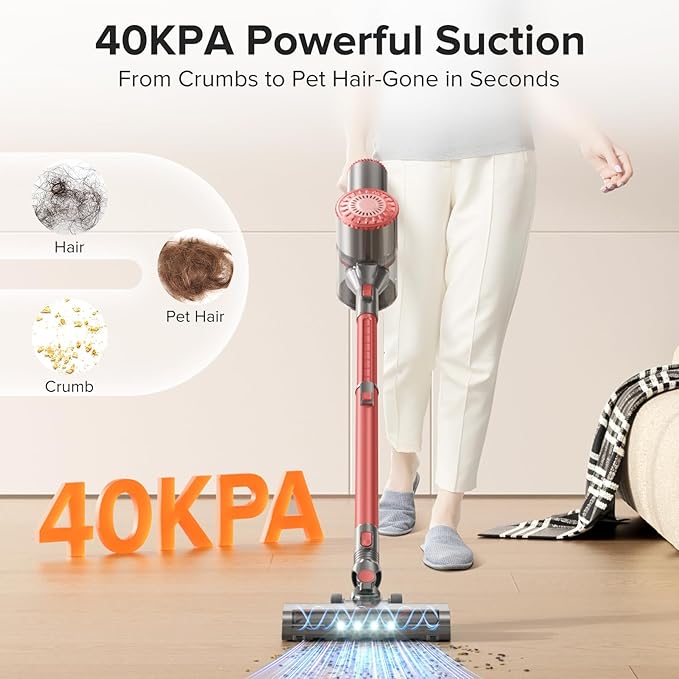 Cordless Vacuum Cleaner with Self-Standing 40KPA Stick Vacuum Cleaners for Home 8-in-1 Lightweight Rechargeable Vacuum 7-Layer FiltrationIdeal for Carpet Pet Hair Hardwood Floors