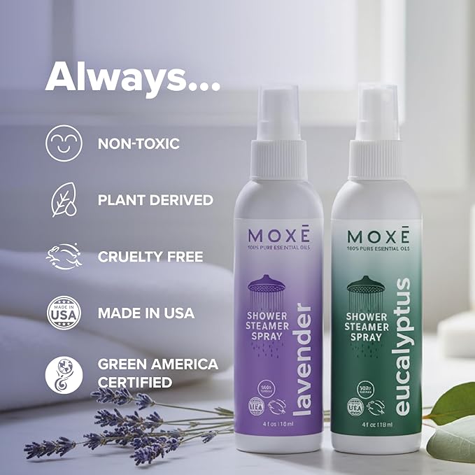 MOXE Shower Mist Spa Steam Spray Certified Natural Essential Oils Aromatherapy Calming Relief (Lavander and Eucalyptus 4 Fl Oz (Pack of 2))