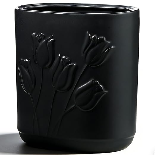 Black Ceramic Tulips Small Bathroom Trash Can 2.6 Gal (10 Liter) - Heavy &amp Decorative Garbage Bin for Bathroom Kitchen Office Bedroom &amp Living Room Corner
