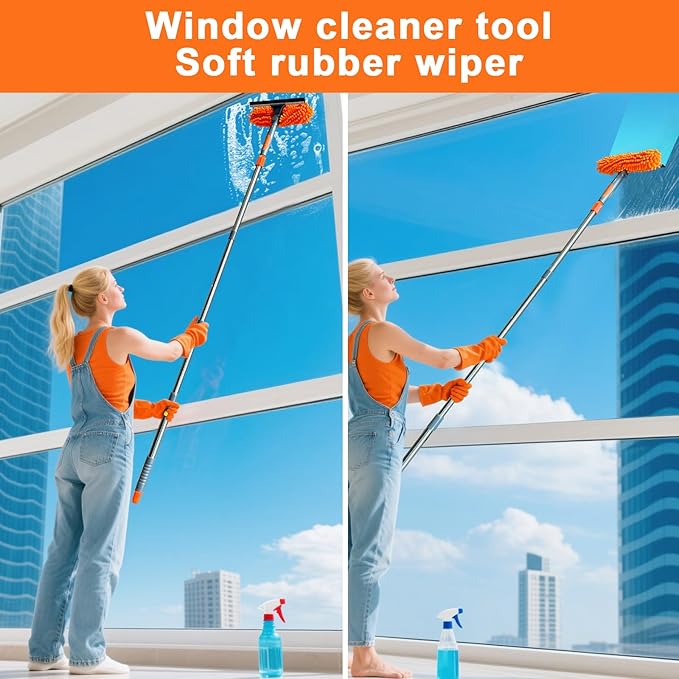 BITOPE 2 in 1 Squeegee for Window Cleaning ToolLong Handle Window Cleaner Tool with Stainless Steel Extension Pole for CarShower Glass Doors Outdoor High Window