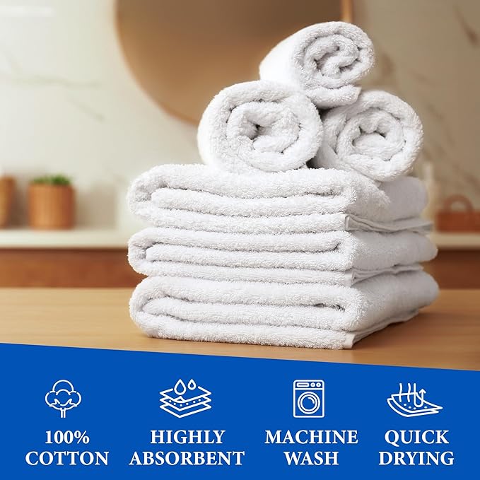 GREEN LIFESTYLE Terry Kitchen Bar Mops Kitchen Towel 12 Pack Pure Cotton White Dish Cloths Rags Restaurant Cleaning Towels Ring Spun 100% Cotton 14x17 inches