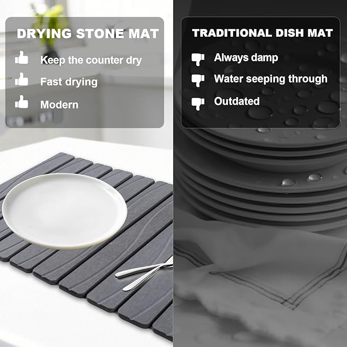 Stone Drying Mat for Kitchen Counter 24x16 Large Diatomaceous Earth Stone Dish Drying Mat Fast Absorbing Foldable Quick Dry Stone Sink Mat for Dishes Pans &amp Kitchen Utensils (Gray)