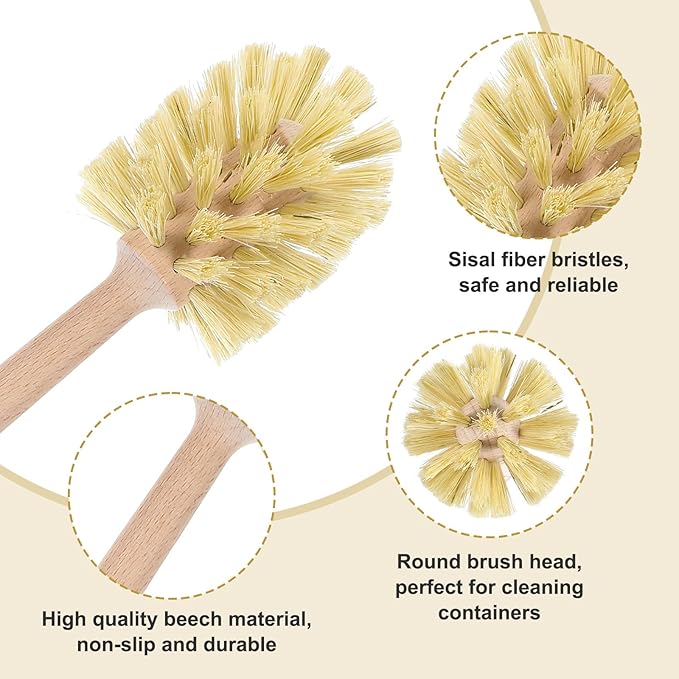 6 Pcs Natural Wood Dish Scrub Brush with Long Beechwood Handle Bristles for Cleaning Bottles Mugs Jars Glasses Dishes Vases Pitchers 13.6 x 2.6 Inches