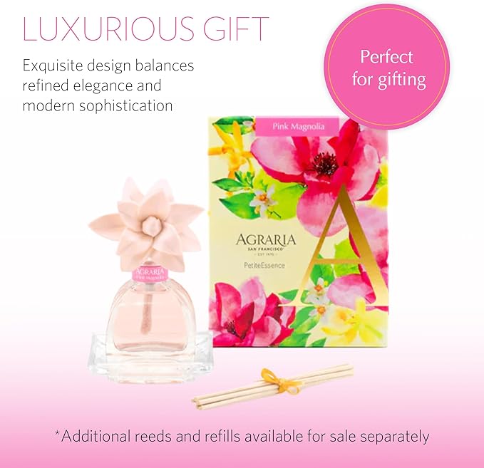 Agraria PetiteEssence 1.7oz Flower and Reed Diffuser Set Hand Crafted Sola Flower Botanical Air Diffusers for Home Magnolia Pink Decorative Diffuser