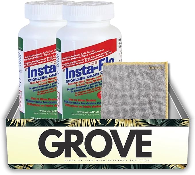 Drain Clog Remover – Insta-Flo Crystals Drain Cleaner 1 lb Bundle with Microfiber Towel – Fast-Acting Non-Acid Powder for Grease Hair and Soap Clogs in Drains and Pipes – Gift Set (3 Items)